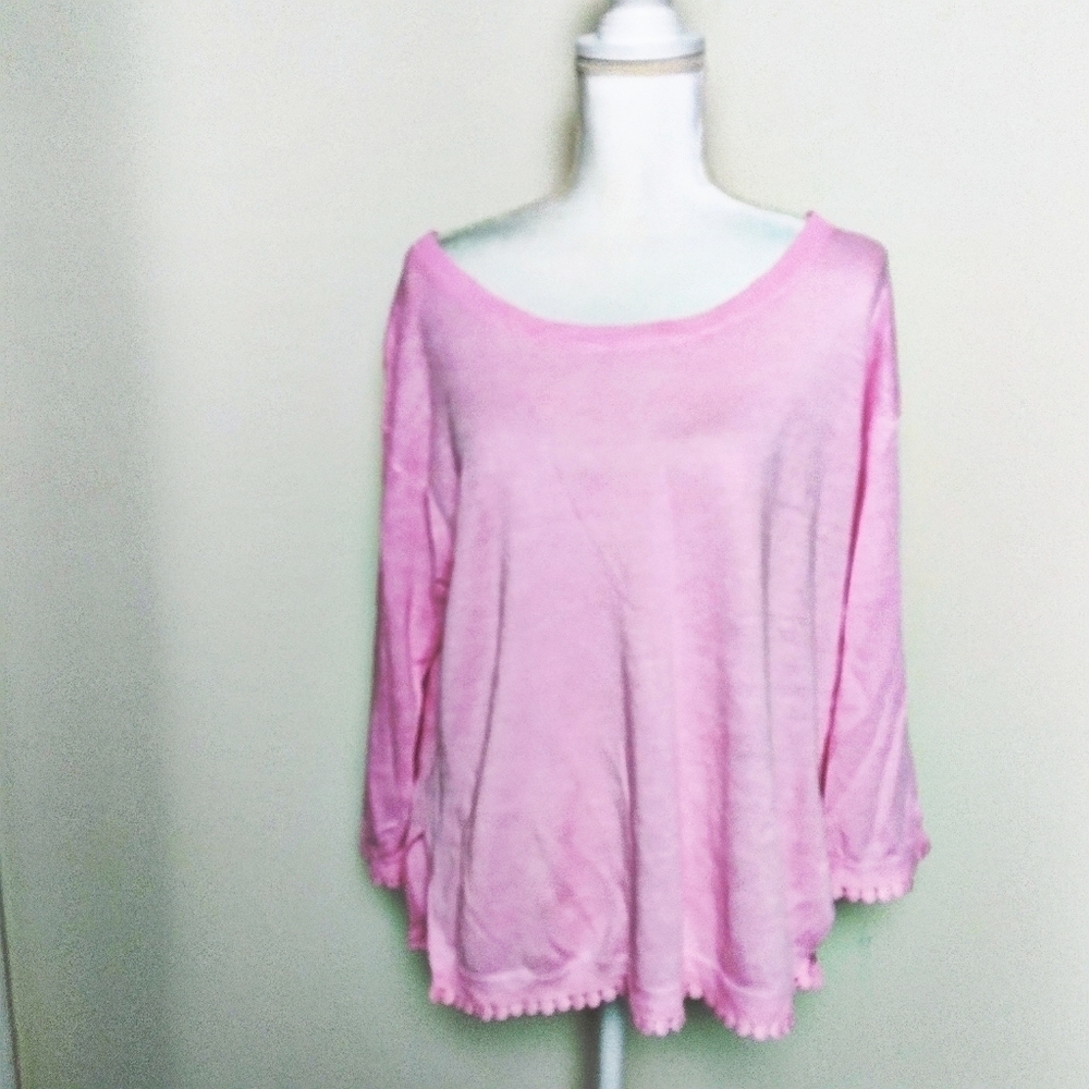 J. Crew Pink Linen Sweater with Pom Pom Trim size Medium